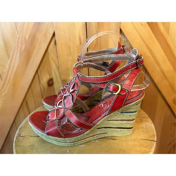 ELITE by Corkys Wedge Sandals Leather Red Size 10 - Picture 3 of 8